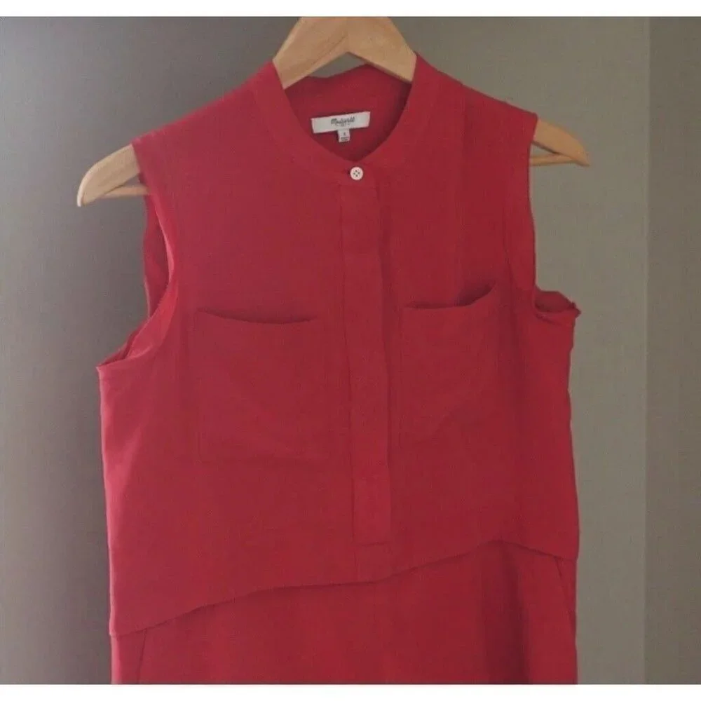 Madewell Sz 00 Red 100% SILK Shift Shirt Tank Dress Pockets xxs 2xs Sleeveless